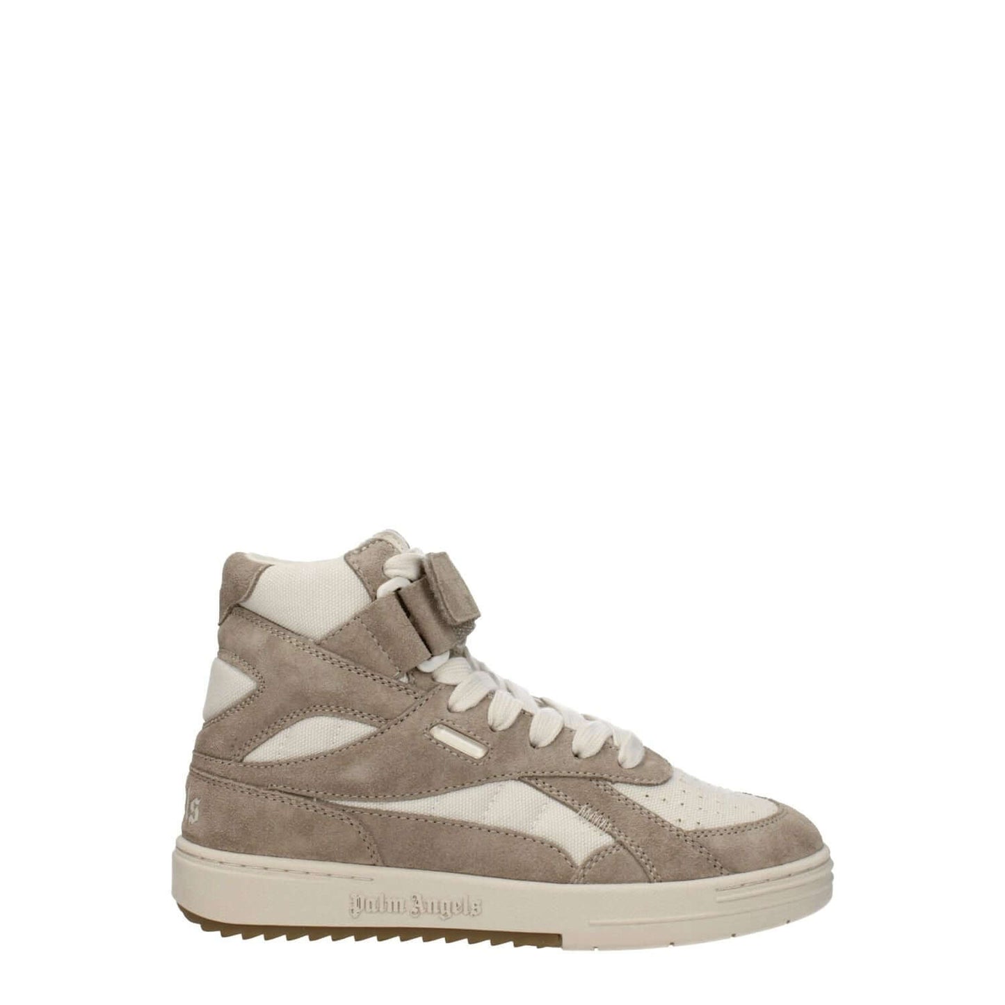 Palm Angels Beige Leather High Top Sneakers with suede finish, round toe, and strap closure, featuring logos on front, side, and back.