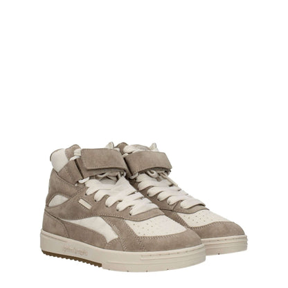 Palm Angels Beige Leather High Top Sneakers with strap closure and logos, featuring suede material and rubber sole, sporty glam style.