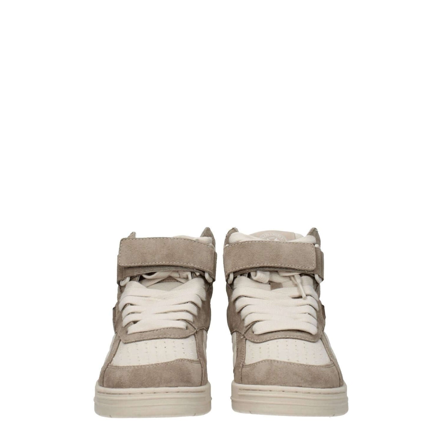 Palm Angels Beige Leather High Top Sneakers with suede finish and strap closure, featuring logos on front, side, and back.