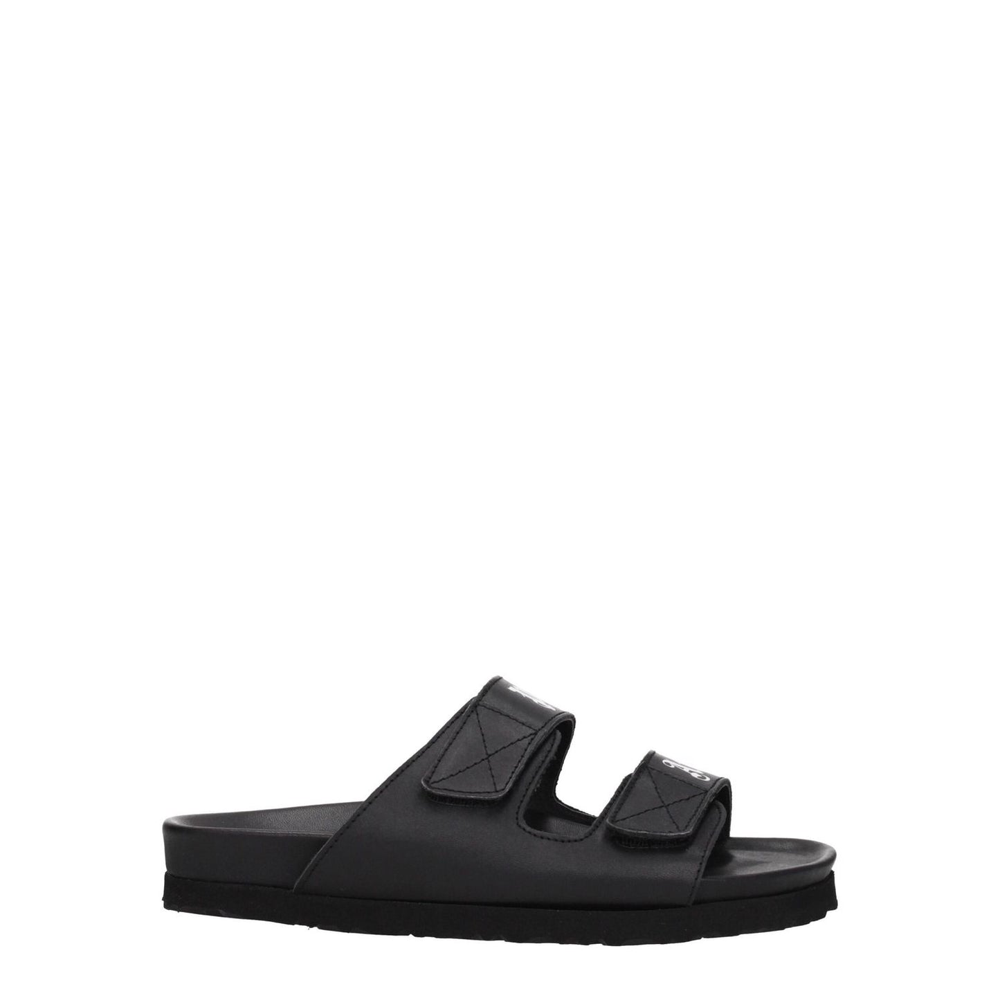 Palm Angels Black Leather Flat Sandals with front logo and strap closure, casual style, featuring a low rubber sole, MPN PWIH010LEA0011001.