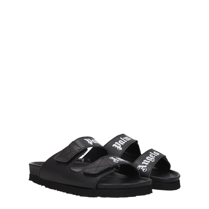 Palm Angels Black Leather Flat Sandals with logo, casual style, strap closure, rubber sole, low heel, MPN PWIH010LEA0011001.