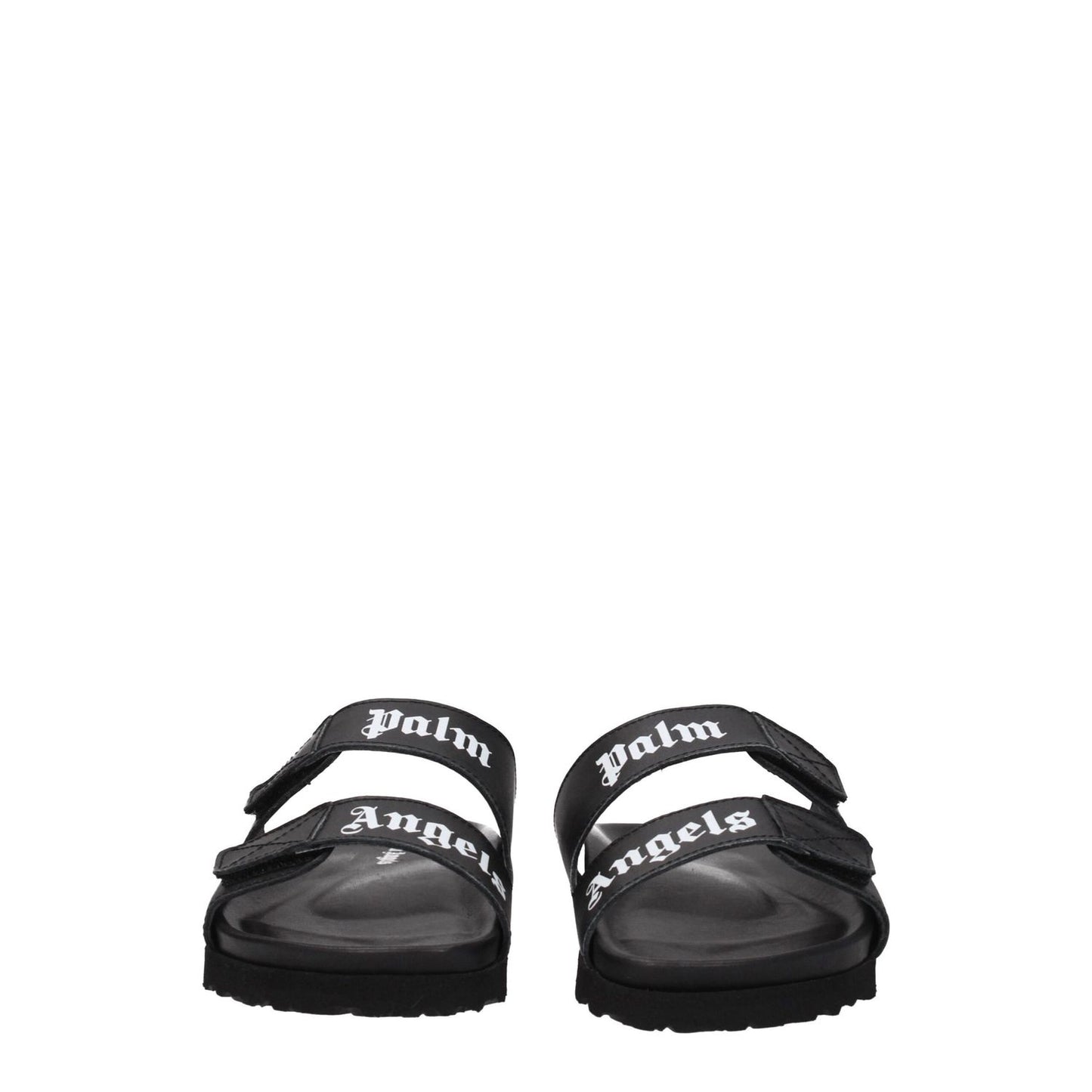 Palm Angels Black Leather Flat Sandals with front logo and strap closure, low flat heel, rubber sole.