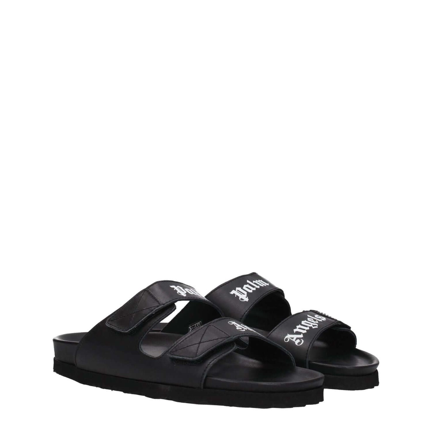 Palm Angels Black Leather Slippers with front logo, open toe, rubber sole, and strap closure, casual style footwear.