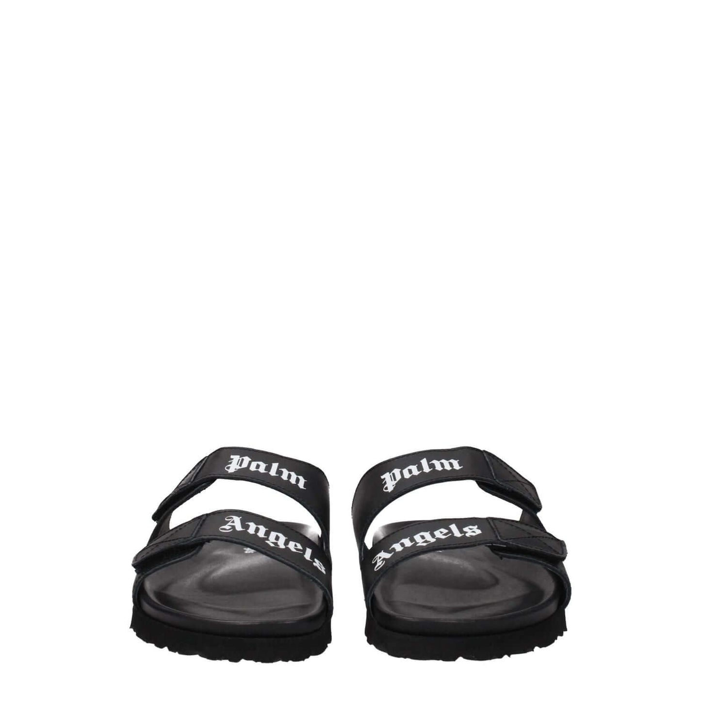 Palm Angels Black Leather Slippers with logo and strap closure, open toe and rubber sole, casual style