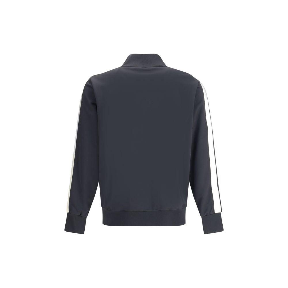 Back view of Palm Angels Black Polyester Sweatshirt featuring white stripe detail on sleeves, high collar, and ribbed cuffs and hem.