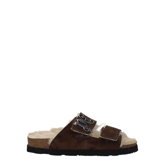 Palm Angels Brown Leather Slippers with strap closure, open toe, and rubber sole in casual style.