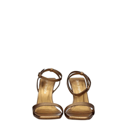 Palm Angels Gold Leather Platform Sandals with buckle closure and high heel, featuring open toe design in dark gold leather.