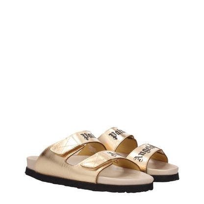 Palm Angels Gold Leather Slippers with metallic effect and front logo, featuring strap closure and rubber sole.