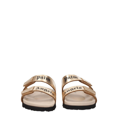 Palm Angels Gold Leather Slippers with front logo and strap closure, metallic effect, open toe, low flat heel, rubber sole.