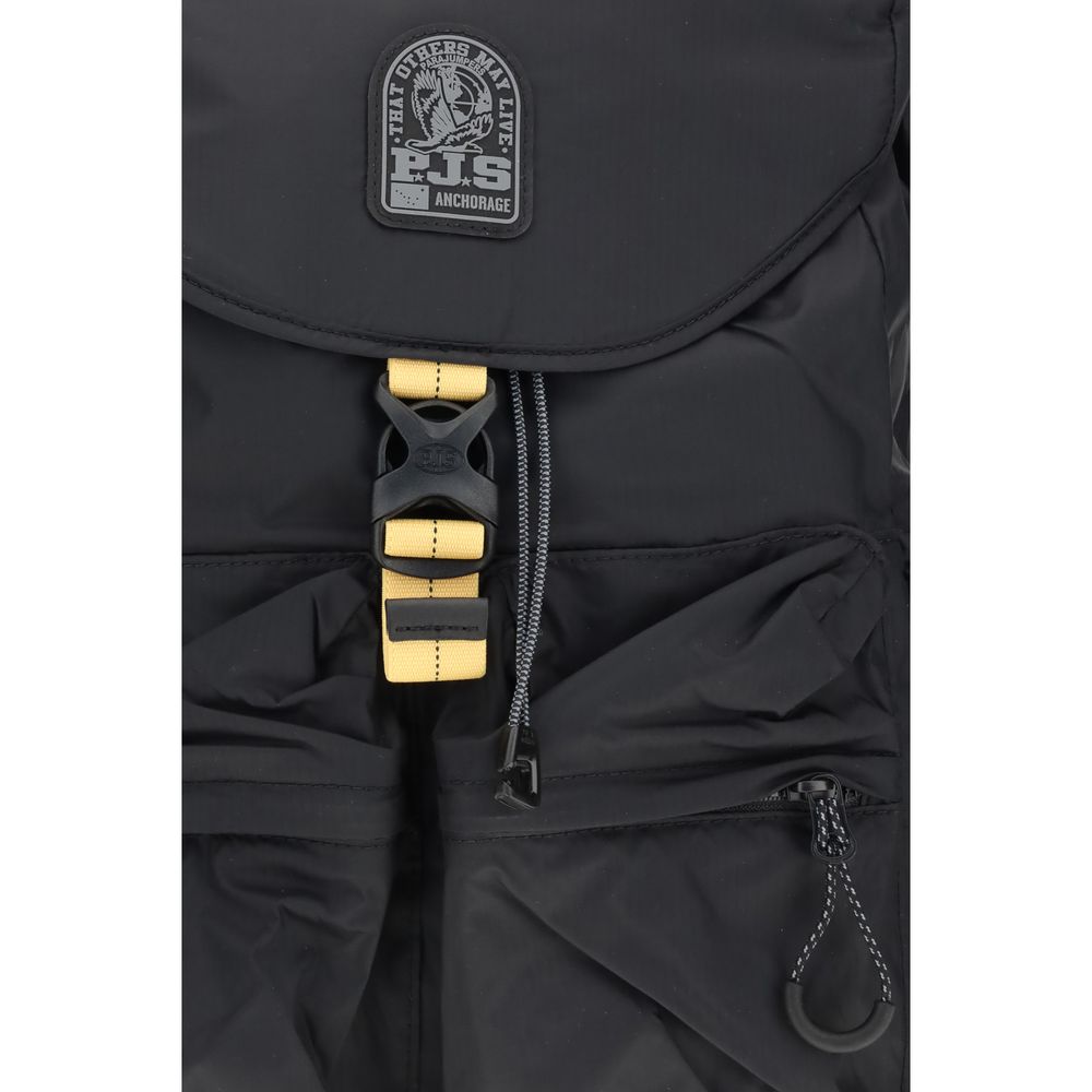 Close-up of Parajumpers Black Nylon Backpack with buckle and pocket details