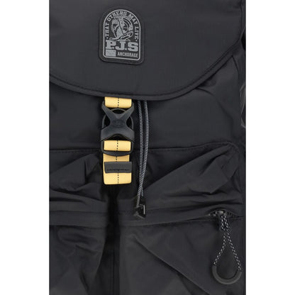 Close-up of Parajumpers Black Nylon Backpack with buckle and pocket details