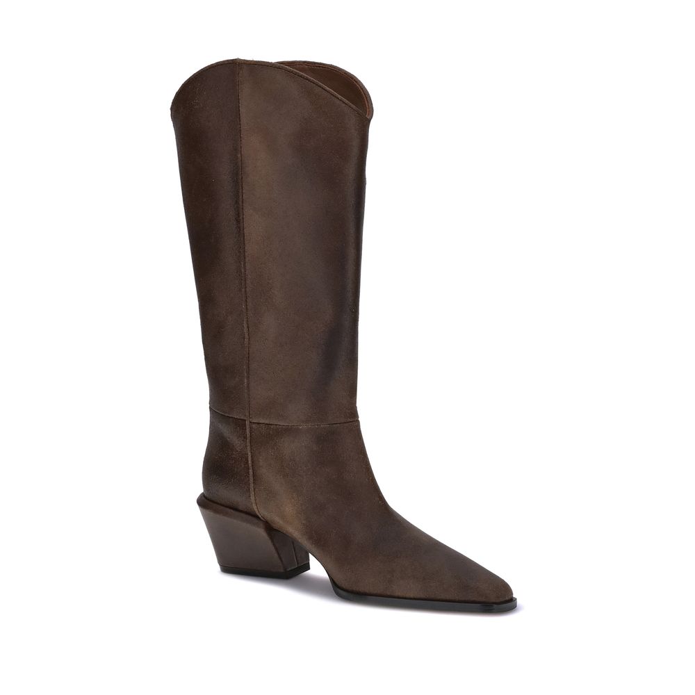 Paris Texas Brown Leather Boots with tapered silhouette and chunky heel, perfect for urban looks and autumn-winter fashion.