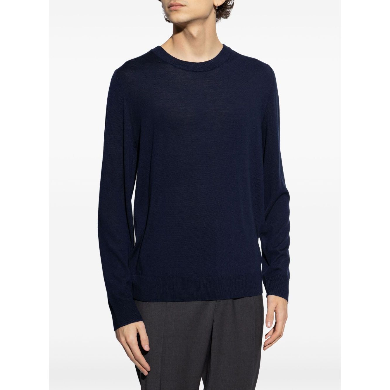 Paul Smith Sweaters Blue - Navy blue wool crew neck sweater with long sleeves and ribbed trim.