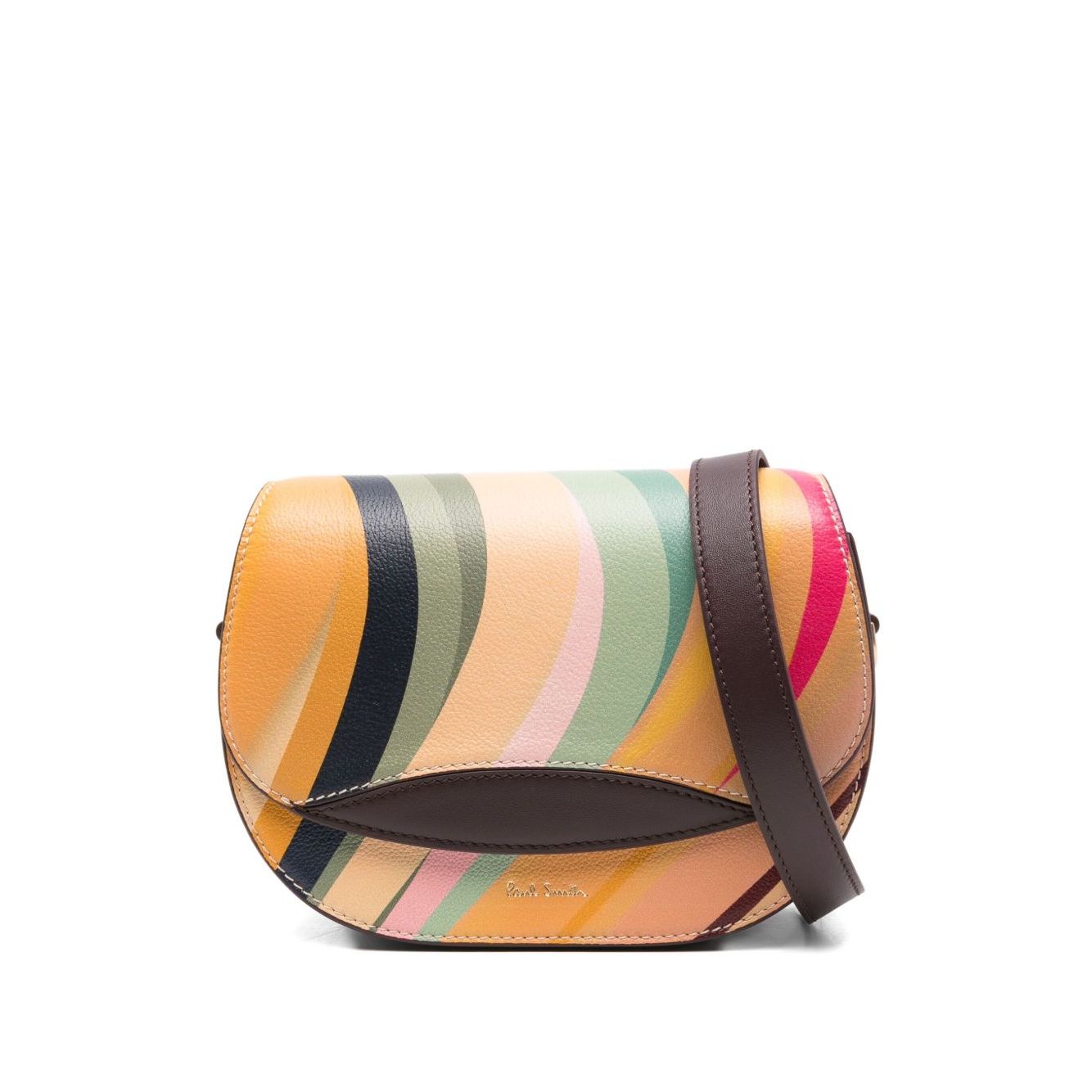 Paul Smith Swirl Leather Saddle Bag with multicolor swirl pattern and adjustable strap, featuring a flap closure and leather trim.