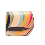 Paul Smith Swirl Leather Saddle Bag with multicolor swirl pattern and adjustable strap. Brown leather trim and flap closure design.