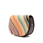 Paul Smith Swirl Leather Saddle Bag with multicolor swirl pattern and adjustable strap, side view of brown and curved design.