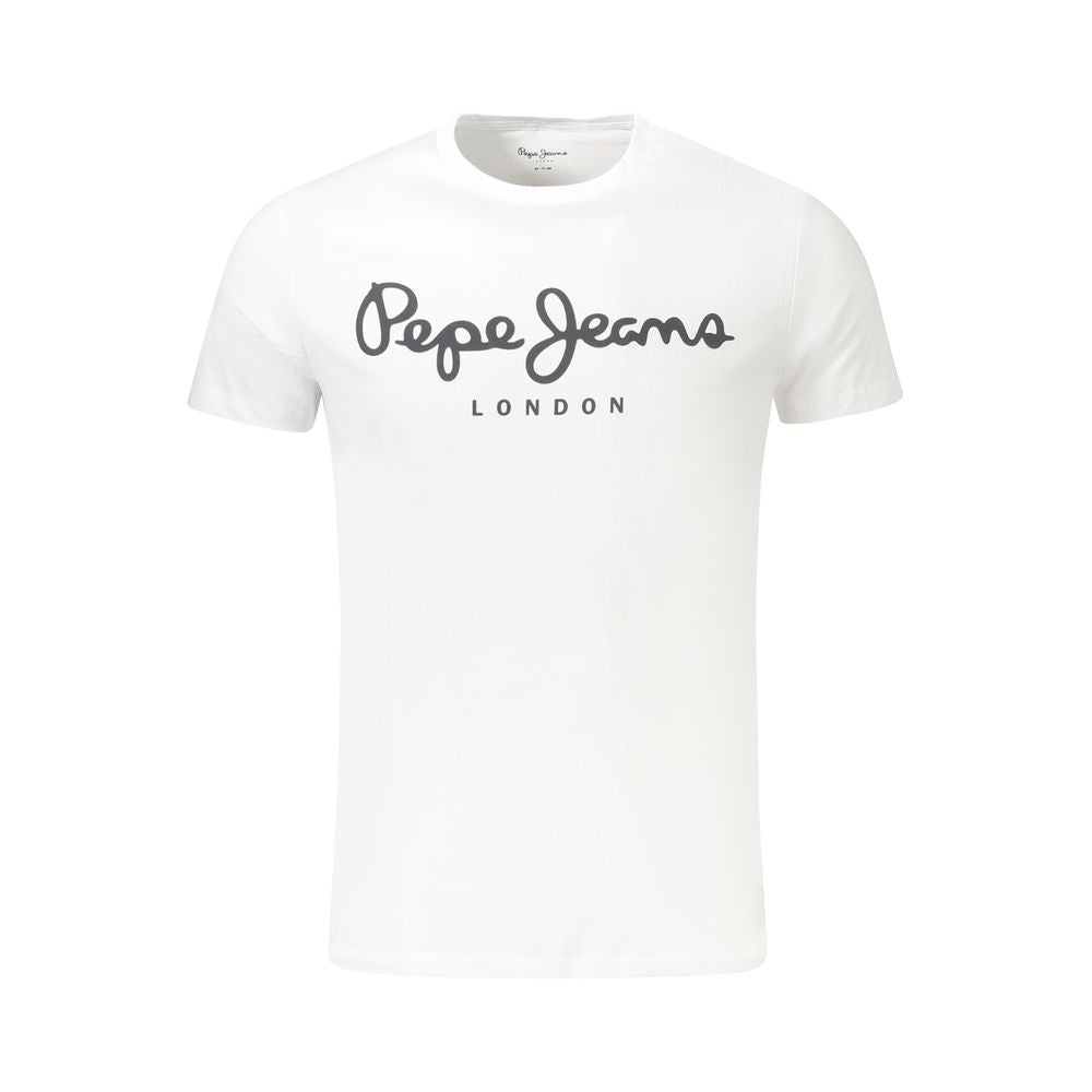 Pepe Jeans White Cotton Men TShirt with logo print, eco-friendly slim-fit crew neck in classic white.