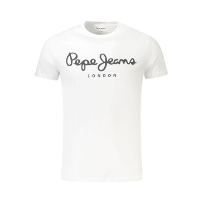 Pepe Jeans White Cotton Men TShirt with logo print, eco-friendly slim-fit crew neck in classic white.
