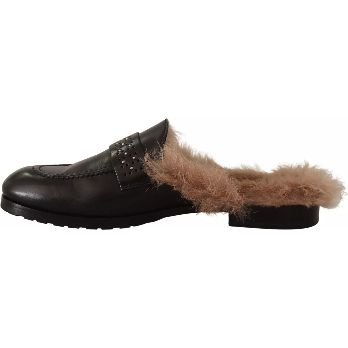 Peserico Black Leather Fur Perforated Slip On Flats Shoes LA9373-37
