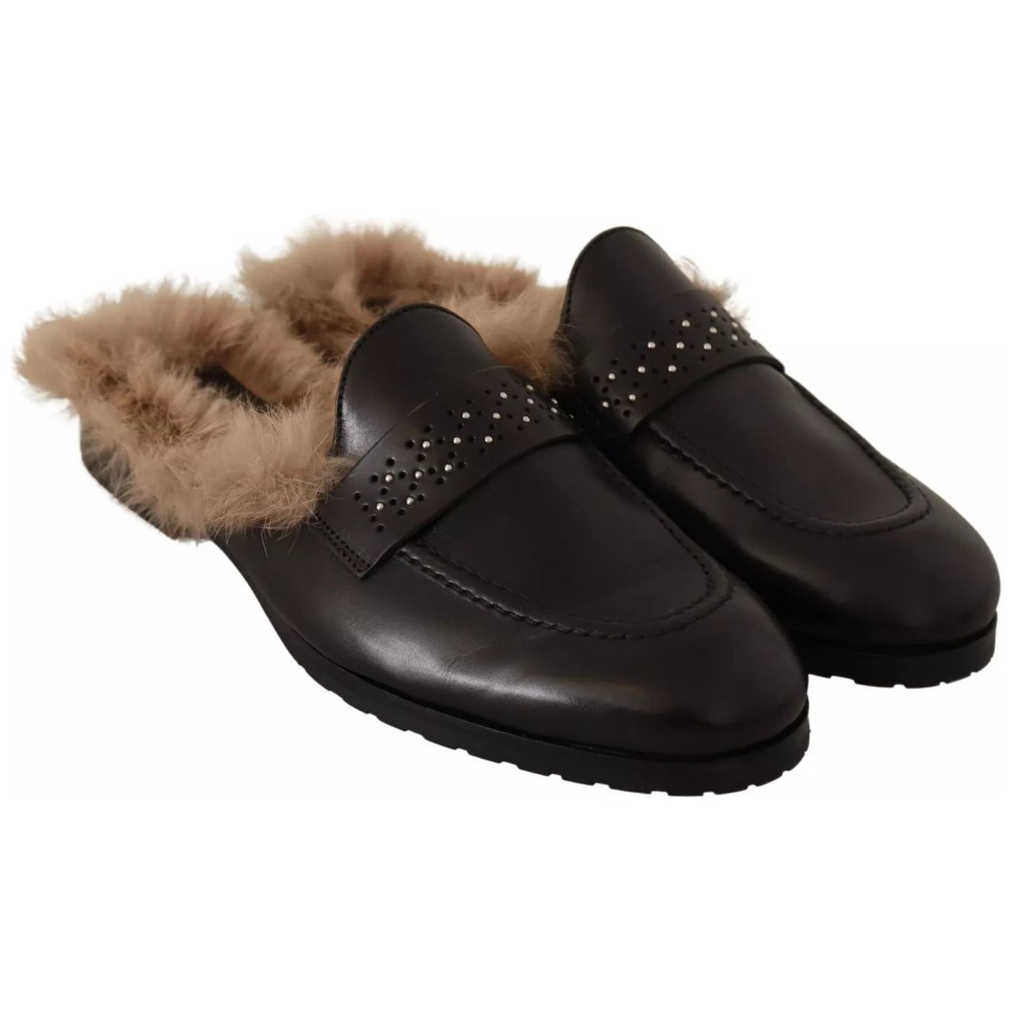 Peserico Black Leather Fur Perforated Slip On Flats Shoes LA9373-37