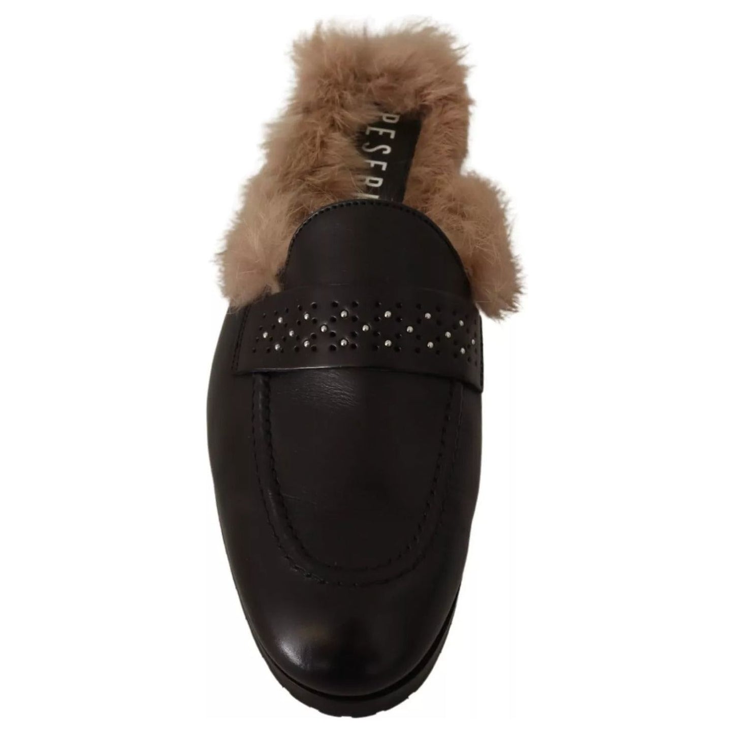 Peserico Black Leather Fur Perforated Slip On Flats Shoes LA9373-37