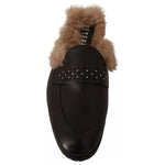 Peserico Black Leather Fur Perforated Slip On Flats Shoes LA9373-37