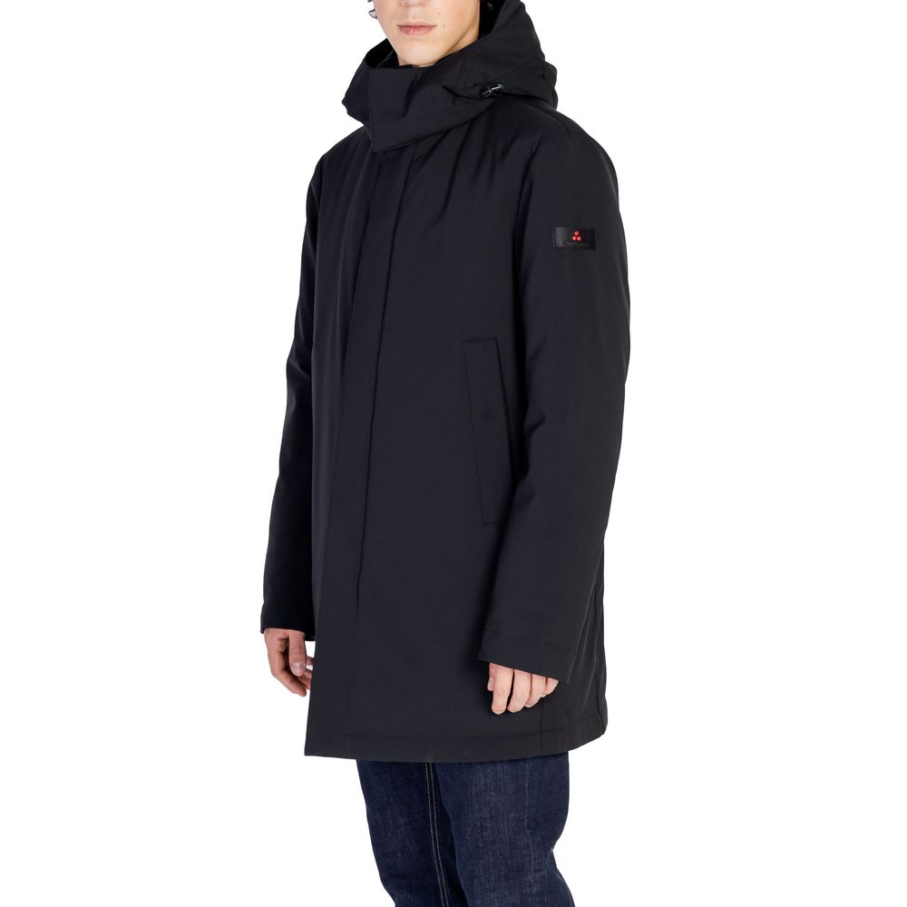 Peuterey Black Polyester Jackets & Coat for men with minimalist design featuring adjustable hood and concealed closure.