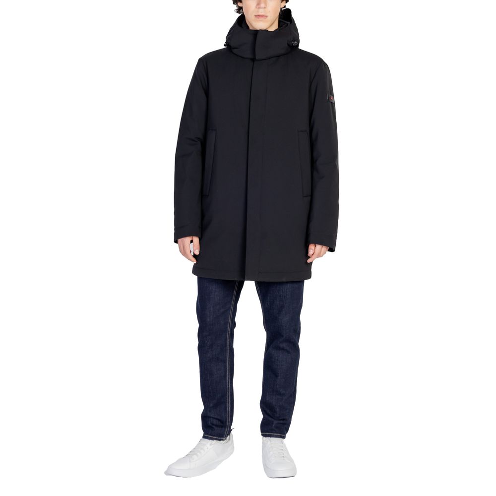 Peuterey Black Polyester Jackets & Coat with adjustable hood, minimalist design, and concealed front closure for contemporary style.