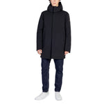 Peuterey Black Polyester Jackets & Coat with adjustable hood, minimalist design, and concealed front closure for contemporary style.