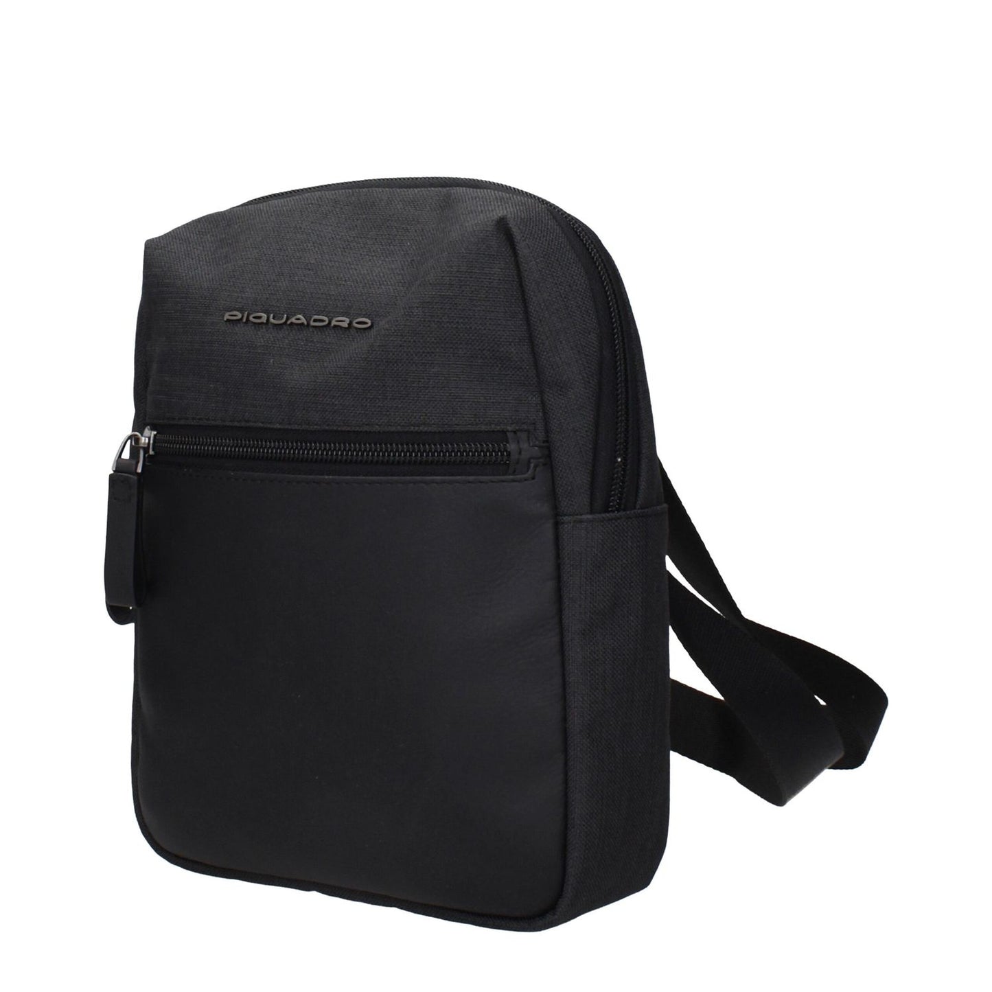Piquadro Black Fabric Crossbody Bag, sleek design with front logo and adjustable shoulder strap, ideal for style and convenience.