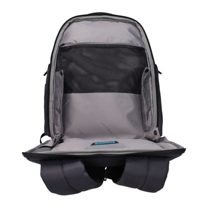 Interior view of Piquadro Gray Nylon Backpack with compartments, iPad/PC case, and adjustable straps, showing its organizational features.