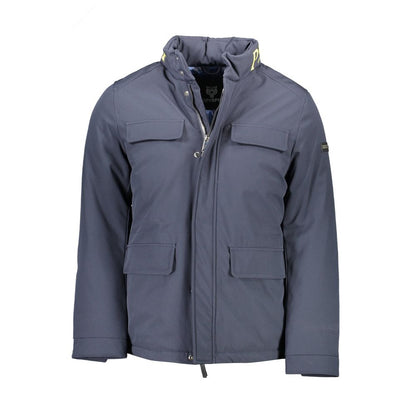 Plein Sport Blue Polyester Men's Jacket with concealed hood and multiple pockets, showcasing bold styling and functionality.