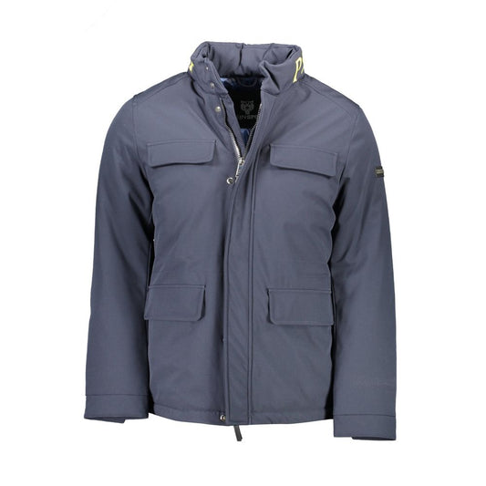 Plein Sport Blue Polyester Men's Jacket with four external pockets and concealed hood, showcasing functional style and sharp print design.