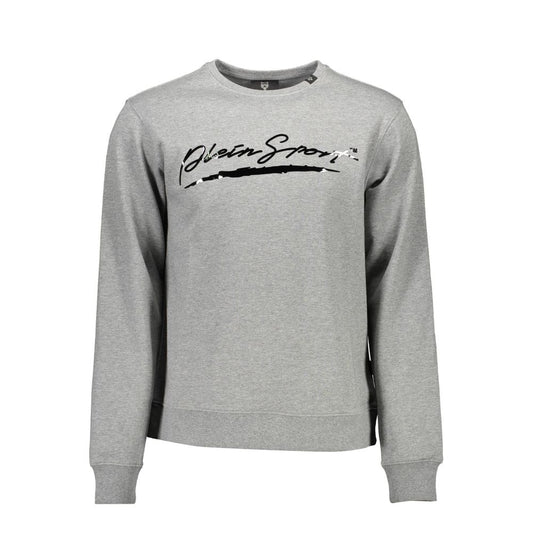 Plein Sport Gray Cotton Men Sweater with logo print, showcasing a blend of luxury and athletic style, made from premium cotton and polyester.
