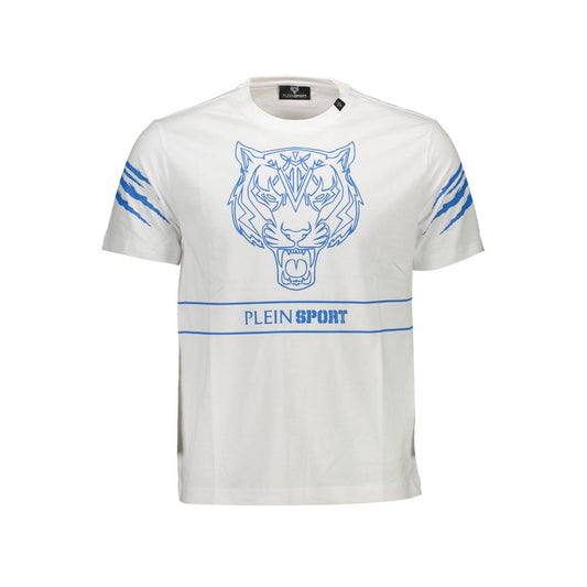 Plein Sport White Cotton Men T-Shirt with bold logo and distinctive blue tiger graphic, showcasing athletic opulence and modern fashion.