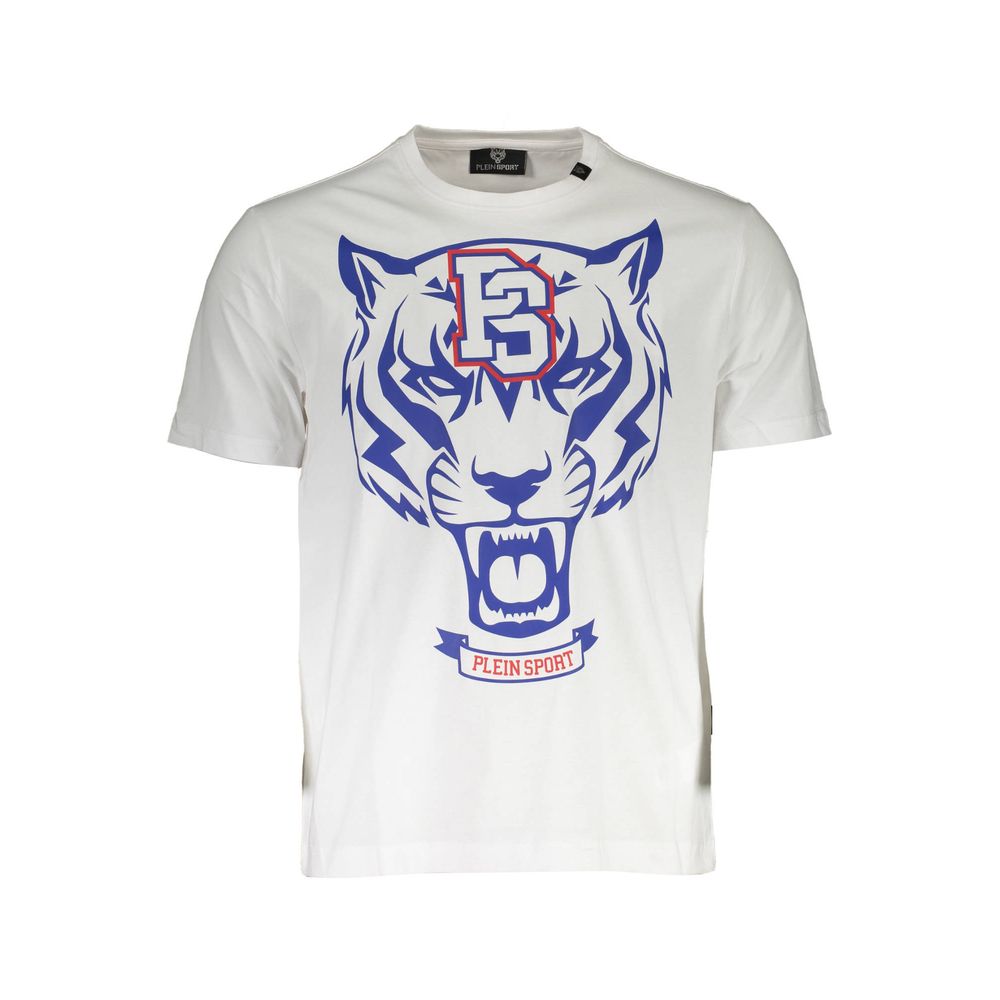 Plein Sport White Cotton Mens TShirt with bold print and logo, short sleeves, stylish design, made from cotton, color: white.