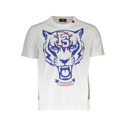 Plein Sport White Cotton Mens TShirt with bold print and logo, short sleeves, stylish design, made from cotton, color: white.