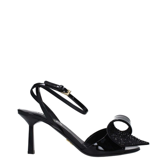 Prada Black Leather Stiletto Heel Sandals with open toe, buckle closure, and side detail, featuring a mid heel height of 7.5 cm.