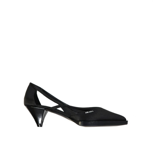 Prada Black Silk Mid Heel Pumps with 5.5 cm heel, cut-out detail, pointed toe, and slip-on design, made in Italy.