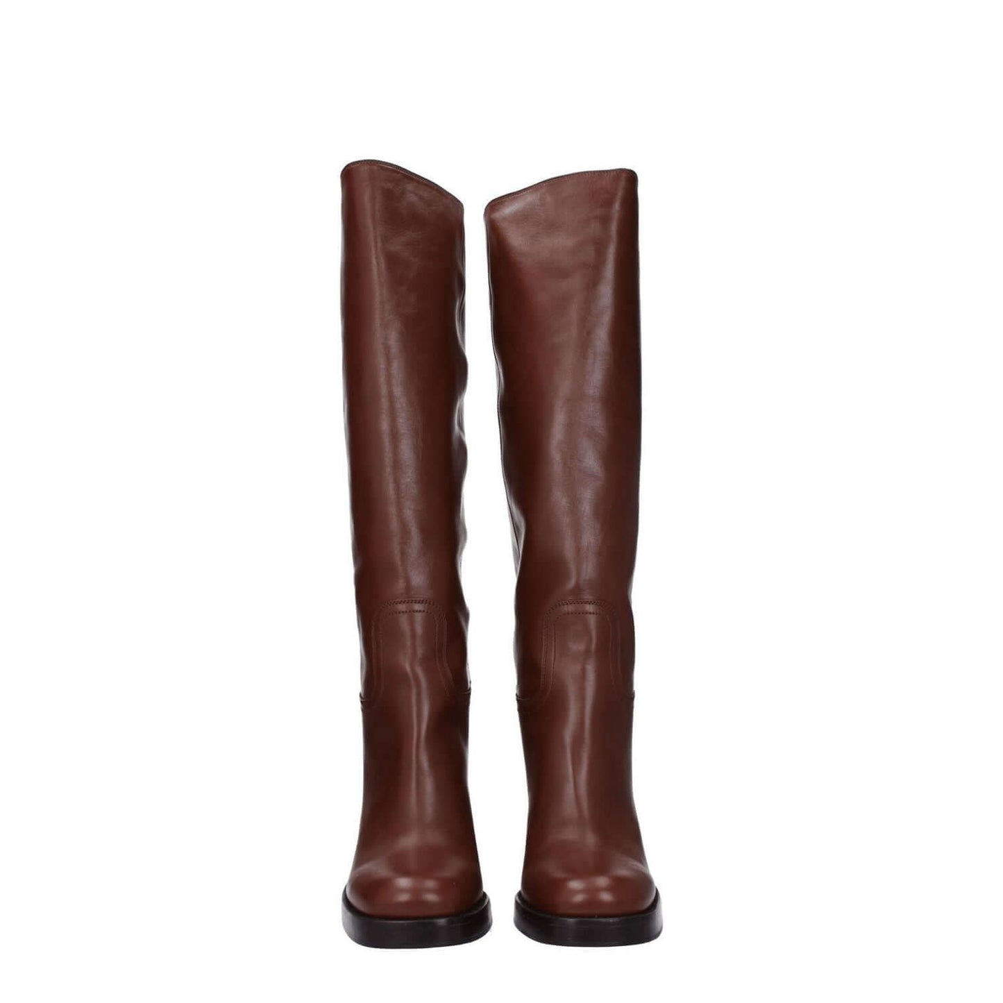 Prada Brown Leather High Heel Boots with round toe, 9 cm heel height, and cognac accents. Casual style and crafted from leather.