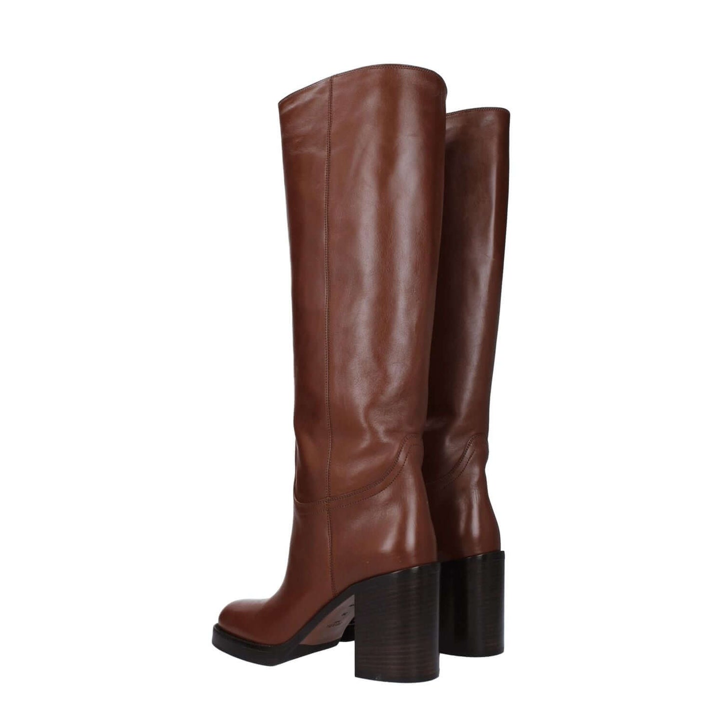 Prada Brown Leather High Heel Boots with 9 cm heel, round toe, casual style, made of brown leather with cognac accents.