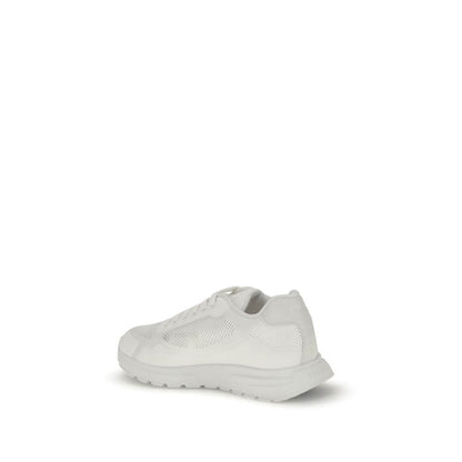 Prada White Rubber Athletic Sneakers with enameled logo and mesh design, featuring a rubber sole and polyester lace-up closure, side view.