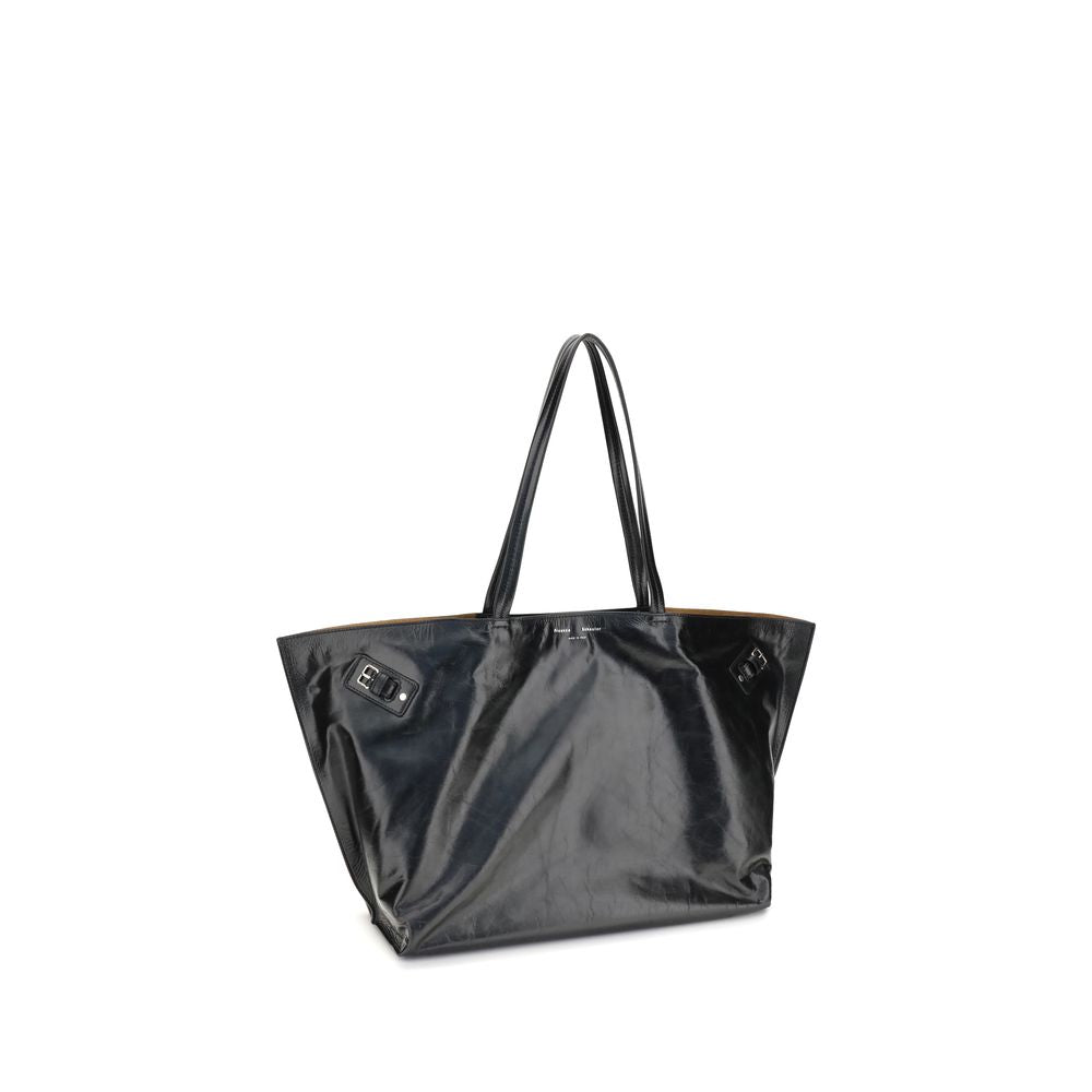 Proenza Schouler Black Leather Shoulder Bag with glossy finish, silver-tone buckles, and spacious design.