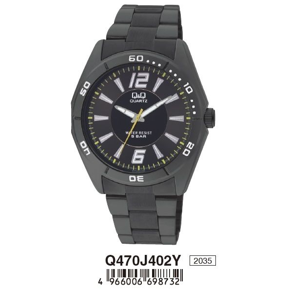 Q&Q Mod. GENT ONLY TIME wristwatch with a metal case and strap, 5 ATM water resistance, quartz movement, packaged in official box.