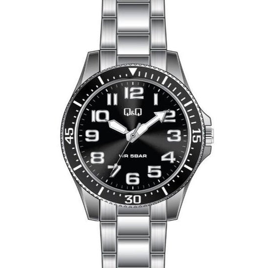 Q&Q FASHION Mod. QB64J225Y men's wristwatch with metal case and SS bracelet, 5 ATM water resistance, quartz movement, black dial.