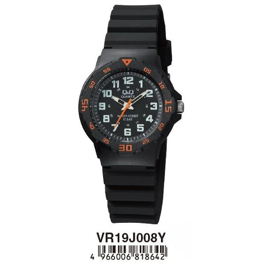 Q&Q FASHION Mod. VR19J008Y wristwatch featuring a 33mm plastic case, silicone strap, and quartz movement, displayed in official packaging.