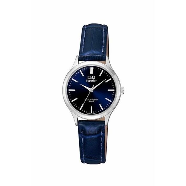 Q&Q SUPERIOR Mod. S279J312Y wristwatch with blue leather strap, stainless steel case, and sapphire dial, water resistant to 5 ATM.
