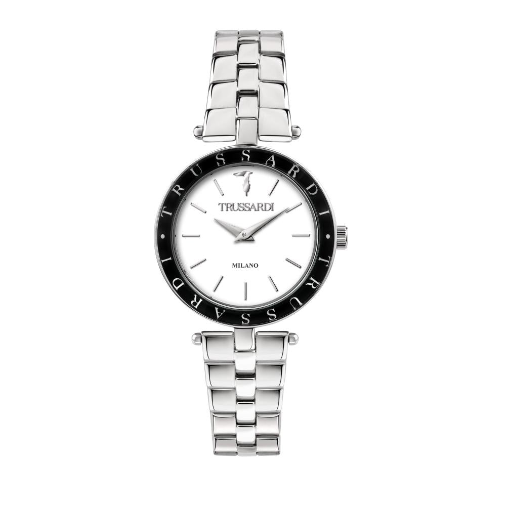Elegant silver watch TRUSSARDI MOD. T-SHINY with black bezel design and stainless steel bracelet, sophisticated timepiece.