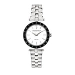 Elegant silver watch TRUSSARDI MOD. T-SHINY with black bezel design and stainless steel bracelet, sophisticated timepiece.