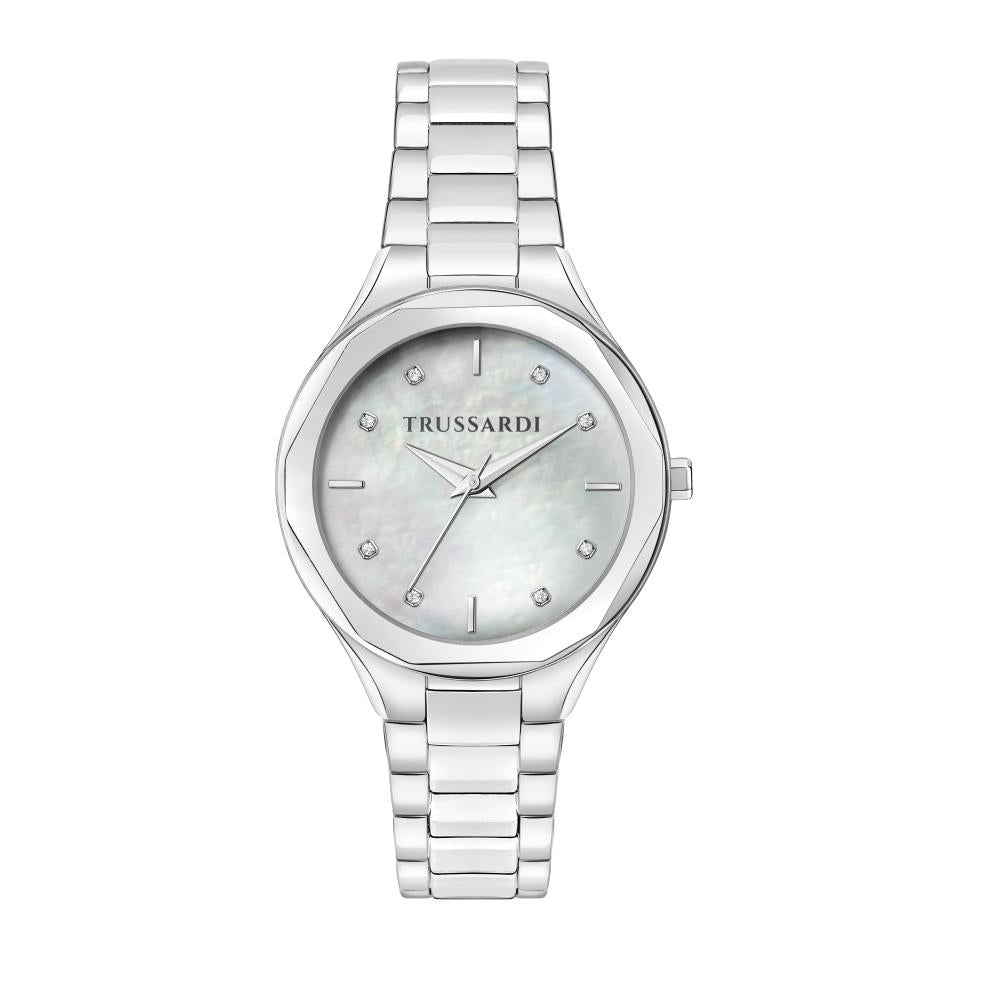 Alt Tag: TRUSSARDI MOD. SMALL ladies wristwatch, 32 mm silver case, quartz movement, mother of pearl dial.
